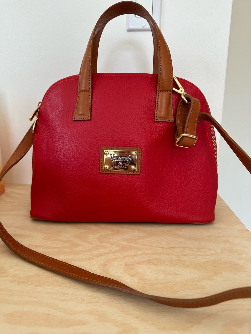 Genuine Italian Leather Red Satchel with Brown Trim - Valentina Italia